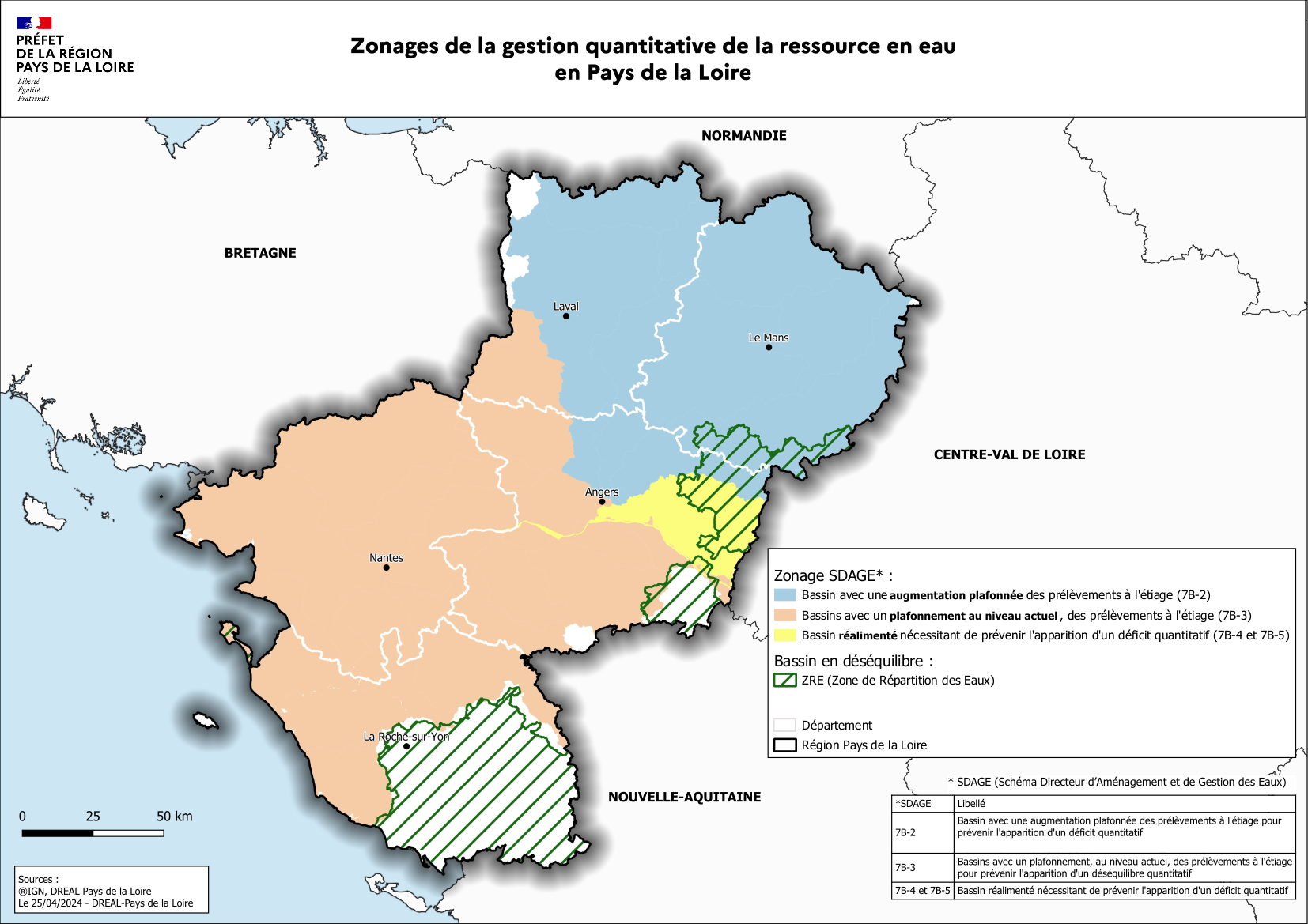 Zonages de la gestion quantitative de la ressource en eau en Pays de la Loire